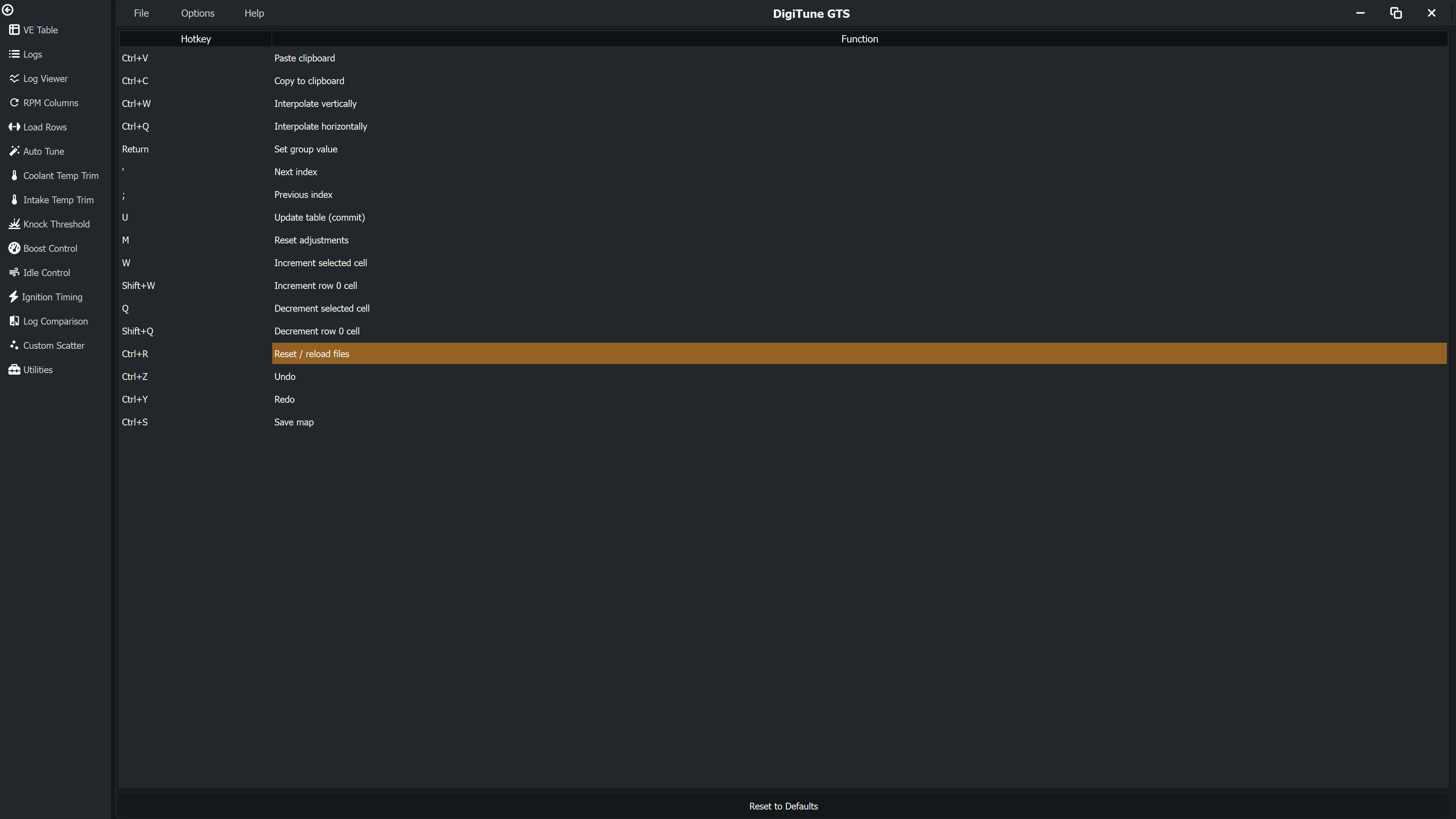 Hotkeys page showing every action and its current key binding, with Reset to Defaults button at the bottom